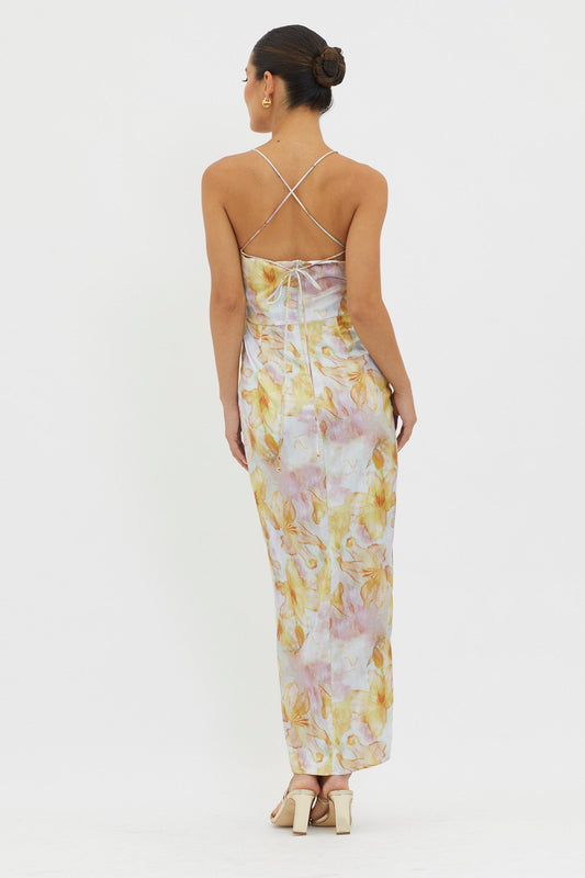 Erryn Tied Back Split Midi Dress Yellow