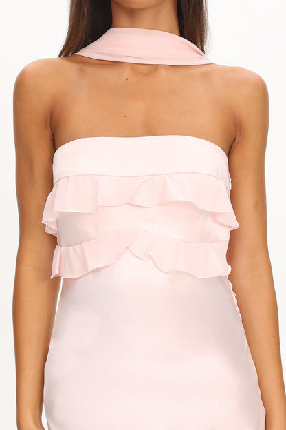 Damsel Reverse Halter Frill Trim Maxi Dress Blush