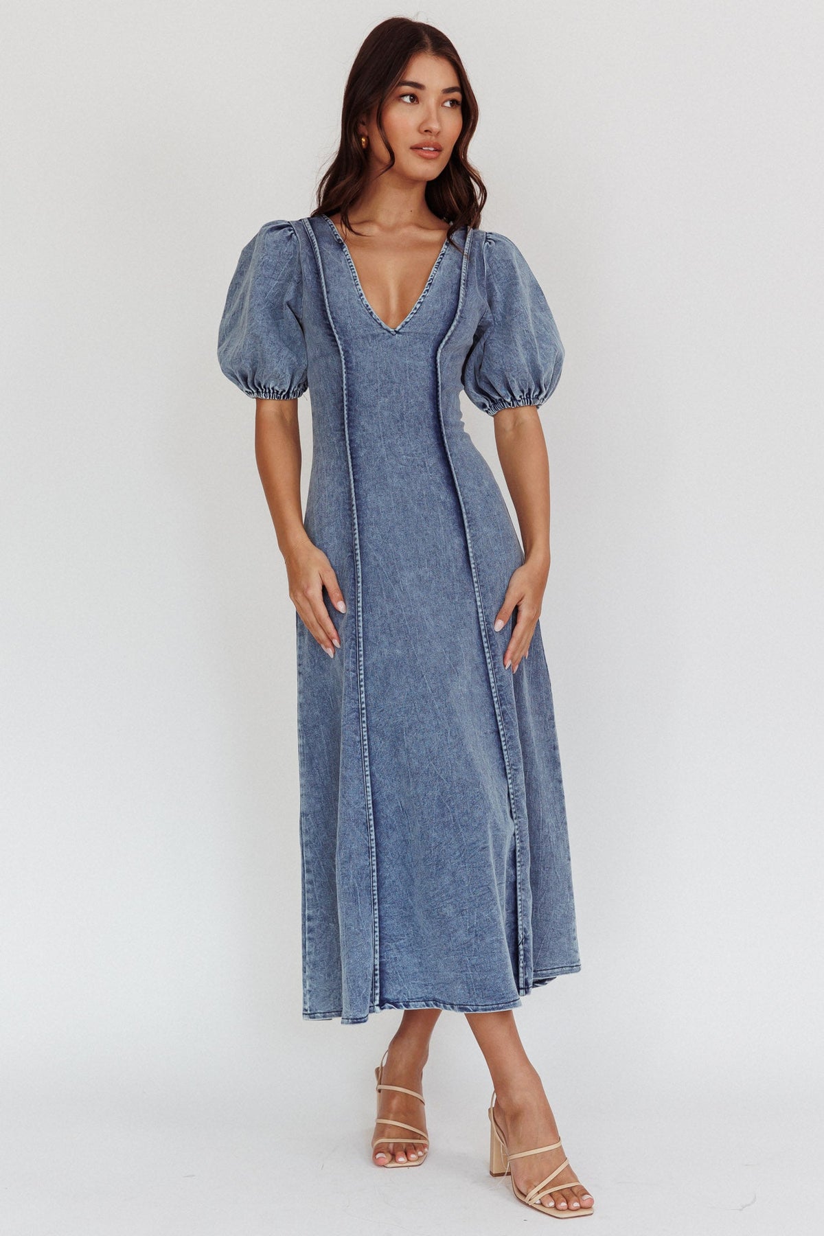 Morgane Puff Sleeve V-Neck Midi Dress Light Denim Blue