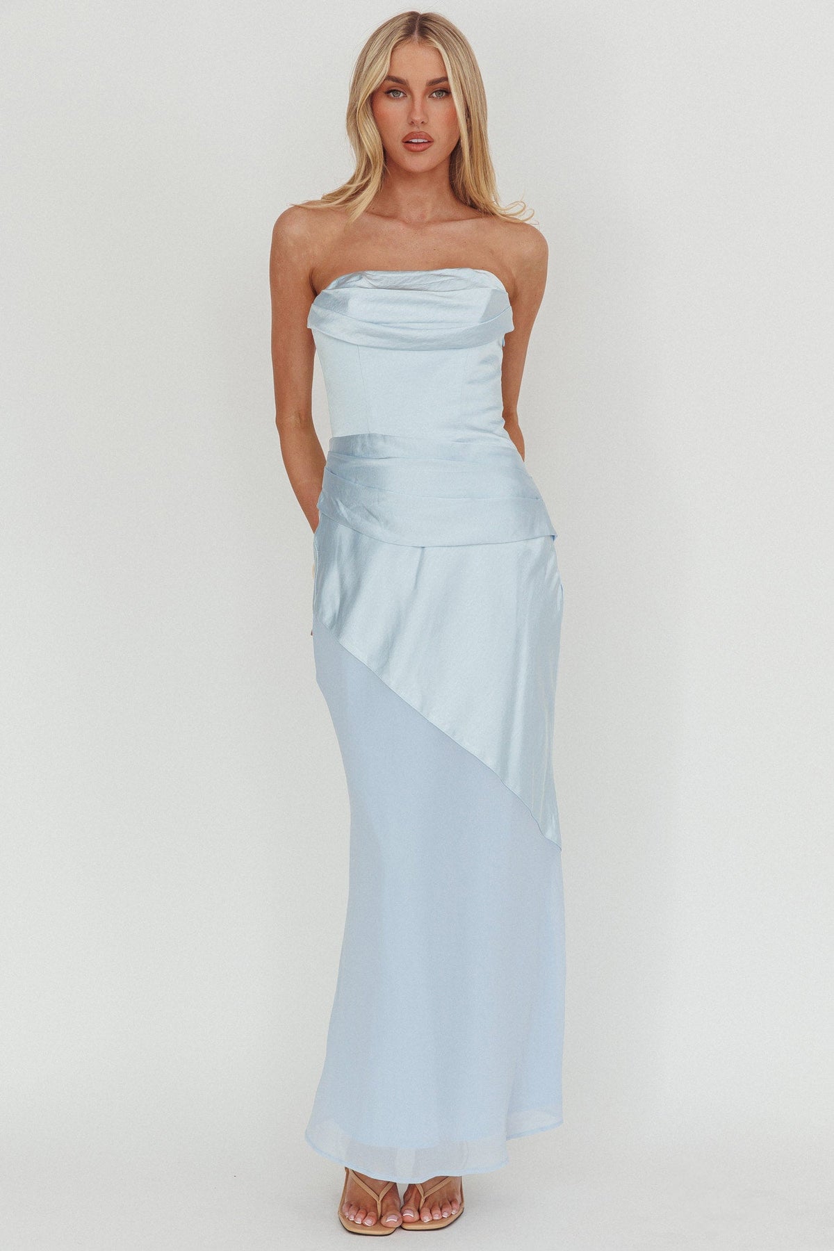 Moon Aura Pleat Detail Strapless Maxi Dress Blue