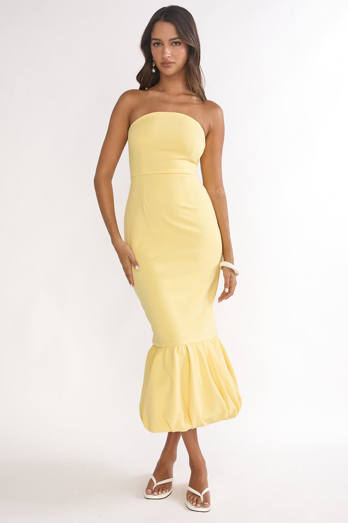 Elira Bubble Hem Strapless Midi Dress Lemon