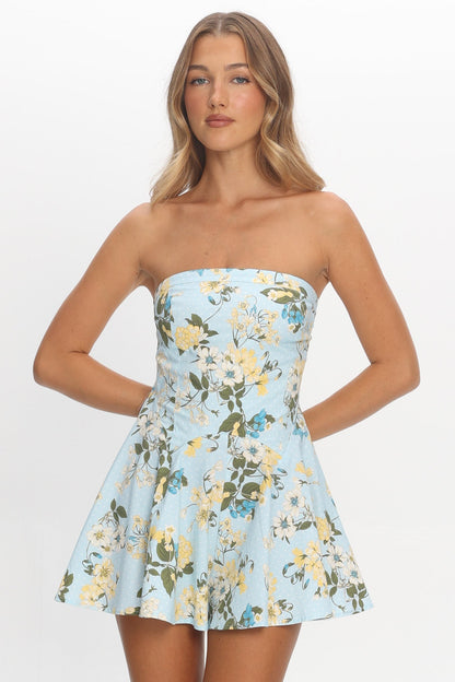 That's My Girl Strapless Mini Romper Floral Baby Blue