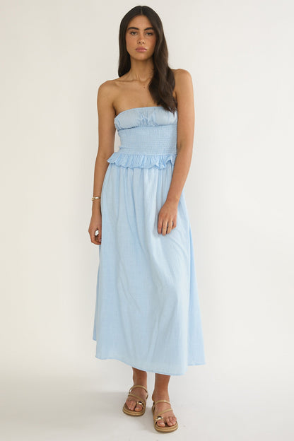 Lija Strapless Shirred Bodice Midi Dress Light Blue