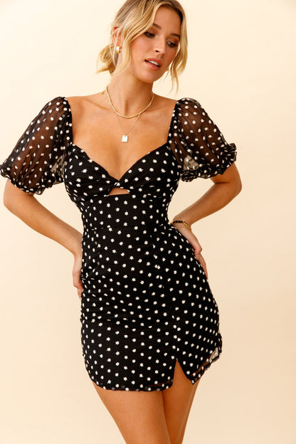Molli Sheer Puff Sleeve Twist Feature Dress Black