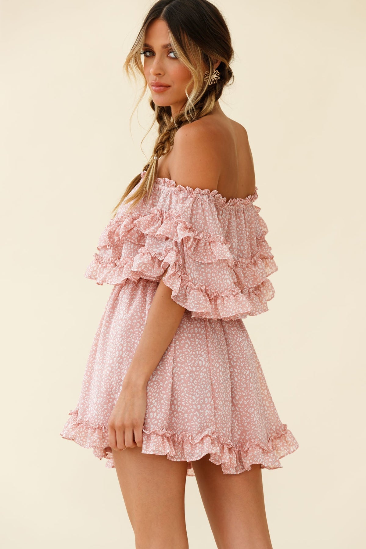 Meet Me At Sunset Bardot Neckline Frill Trim Dress Speckle Print Pink