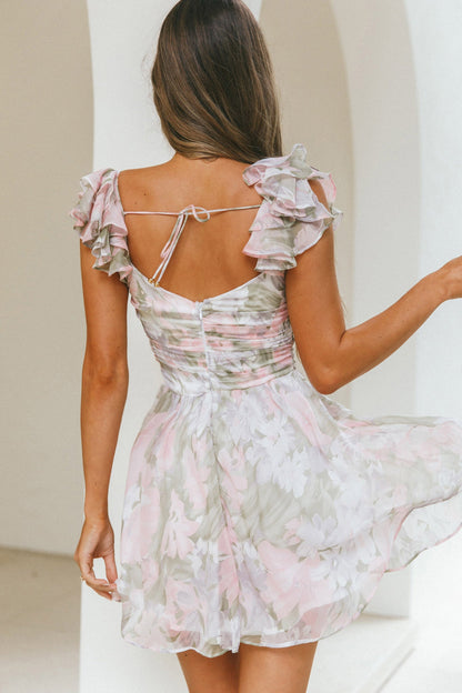 Lola Ruffle Shoulder Ruched Dress Watercolor Floral Pink Multi