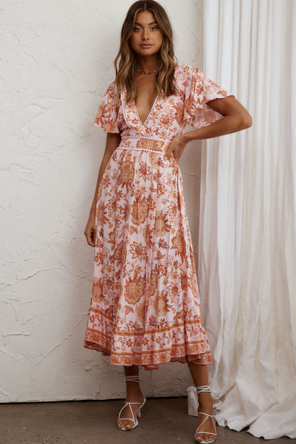 Kailee Short Sleeve Midi Dress Pink/Orange