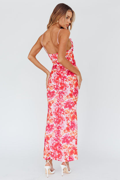 Teava Laced Waist Midi Dress Floral Red