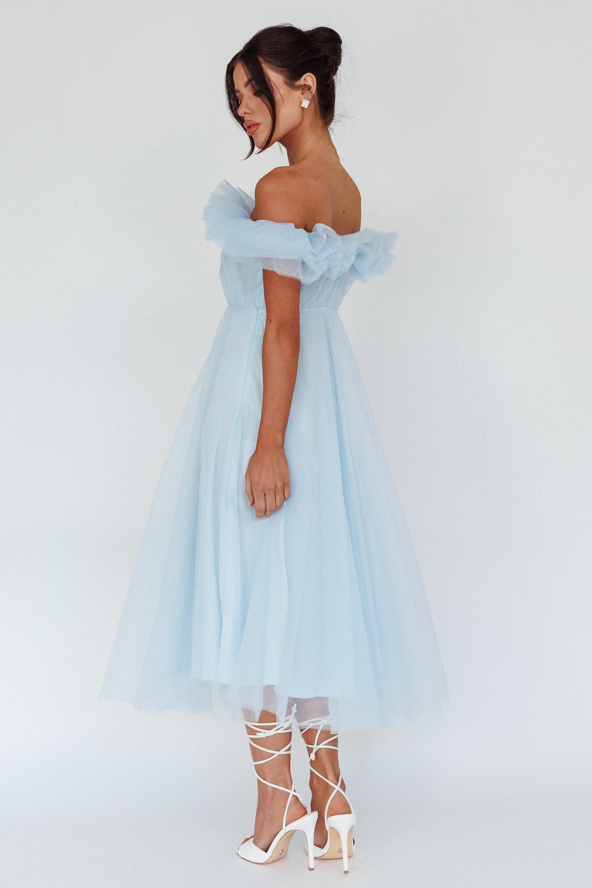 May Rose Off-Shoulder Tulle Midi Dress Light Blue