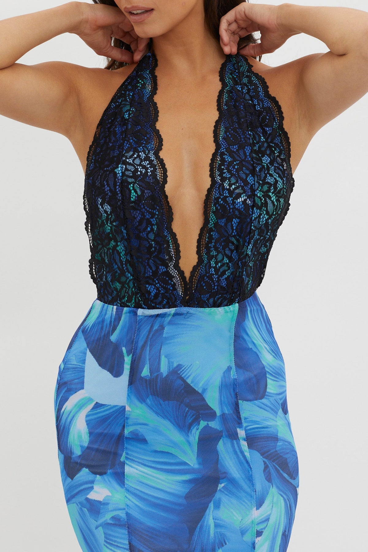 Mayah Lace Halterneck Maxi Dress Abstract Blue