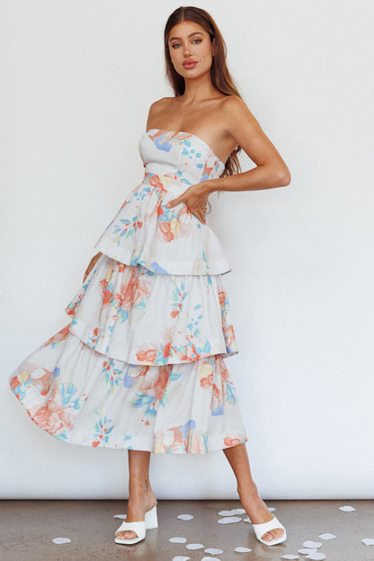 Outshine Strapless Tiered Midi Dress Floral Peach