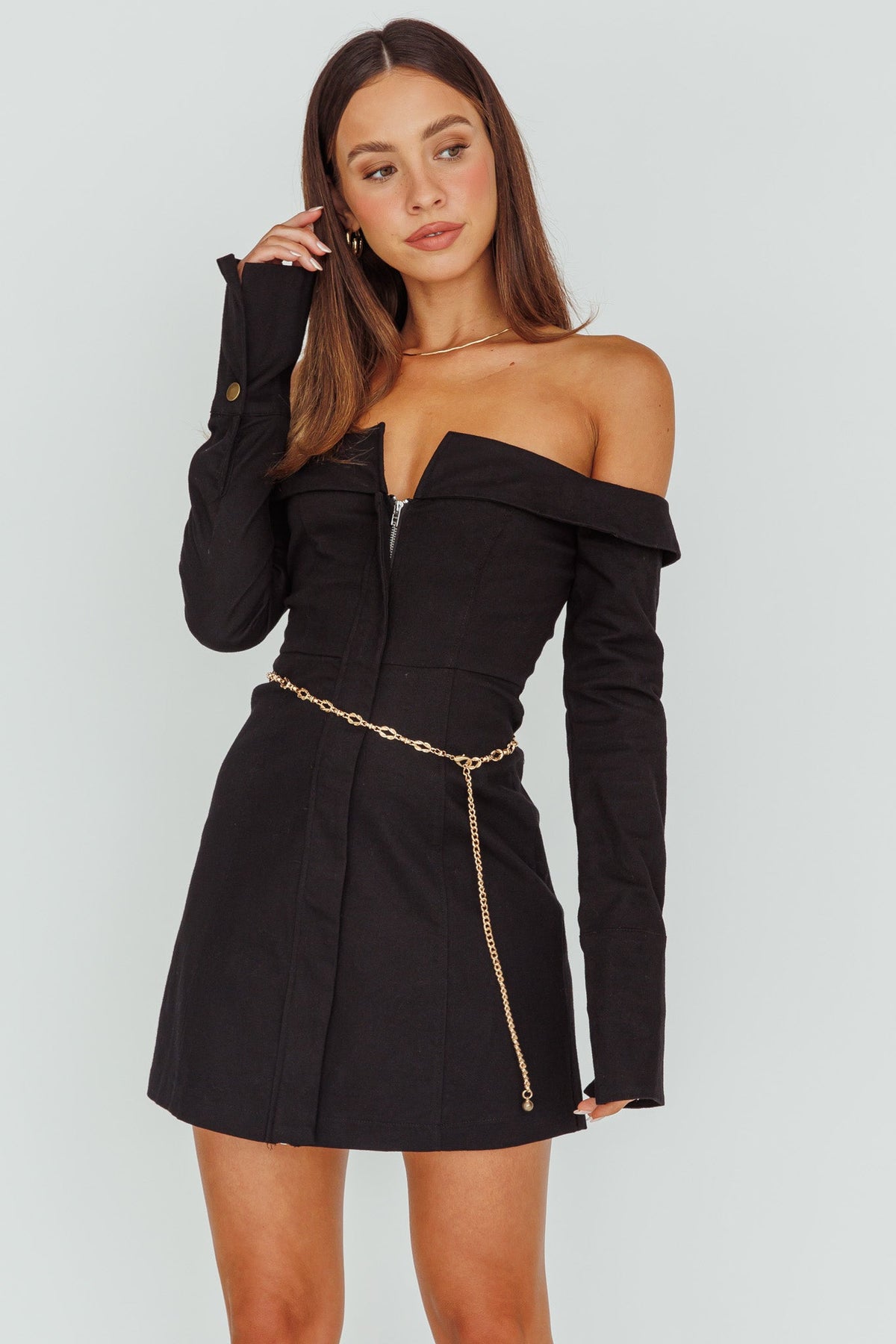 Tamra Long Sleeve Off-Shoulder Zip Dress Black