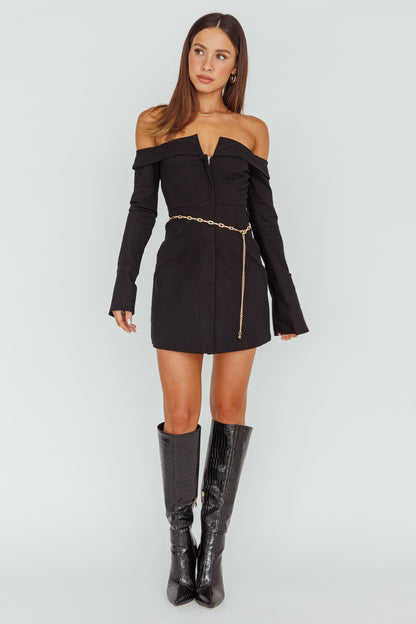 Tamra Long Sleeve Off-Shoulder Zip Dress Black