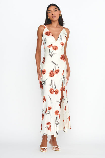 Corinna Tied Waist Split Dress Floral Poppy
