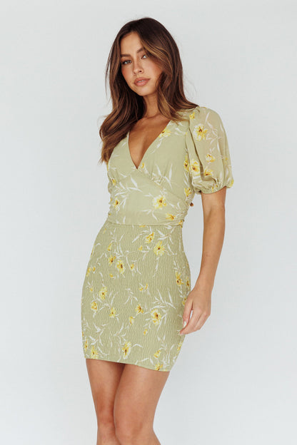 La Nena Shirred Mini Dress Floral Green