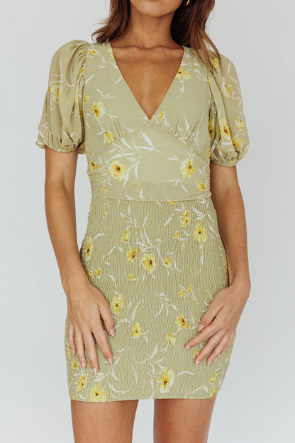 La Nena Shirred Mini Dress Floral Green