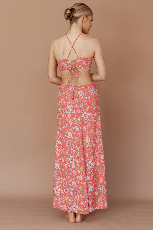 Amorcito Cut-Out Waist Midi Dress Floral Red