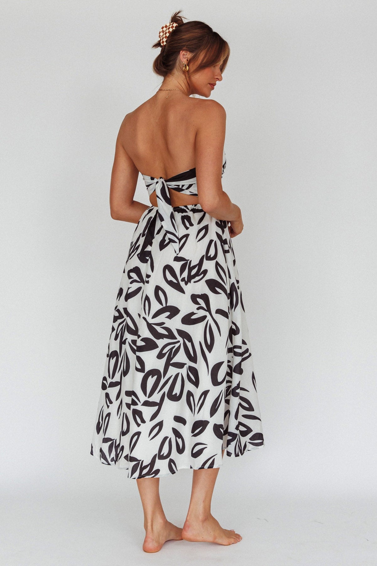 Randi Tie-Back Maxi Dress Leaf Print Beige
