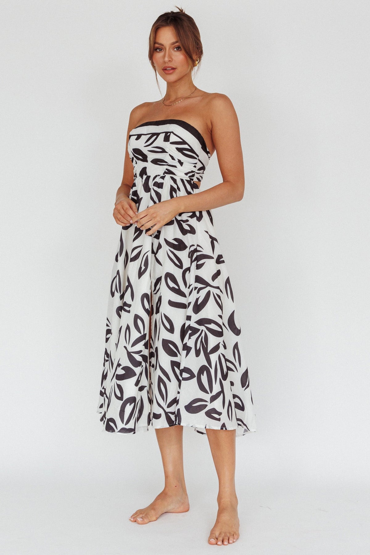 Randi Tie-Back Maxi Dress Leaf Print Beige