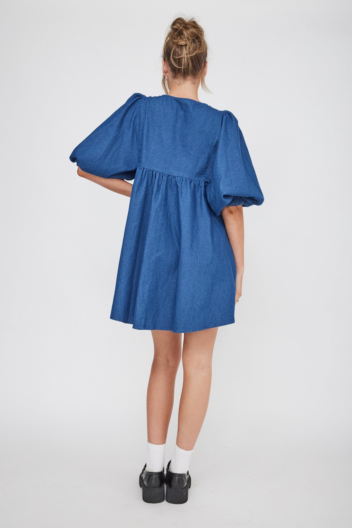 New Haven Puff Sleeve Swing Dress Indigo