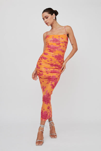 Logan Cami Strap Midi Dress Flower Orange