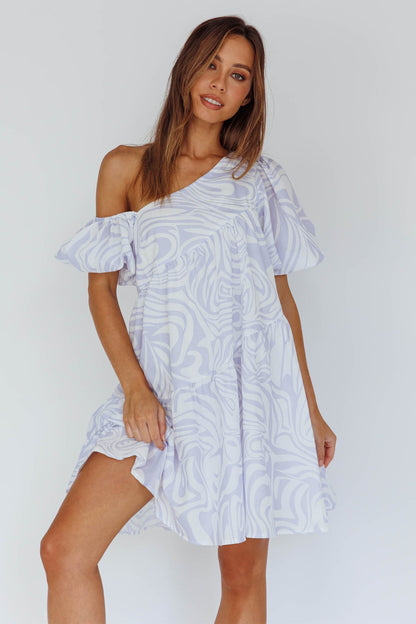 Villa Puff Sleeve One-Shoulder Dress Blue