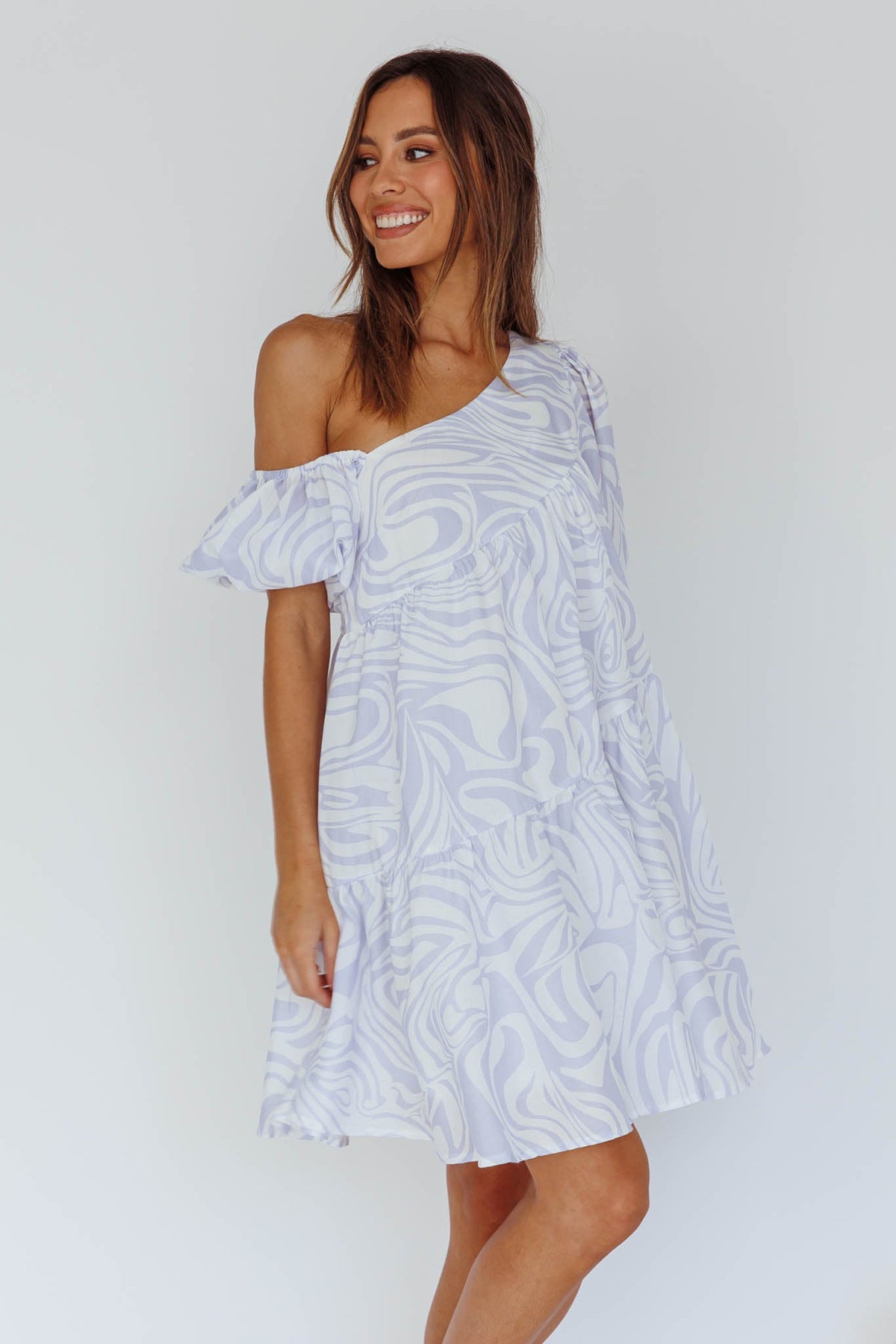 Villa Puff Sleeve One-Shoulder Dress Blue