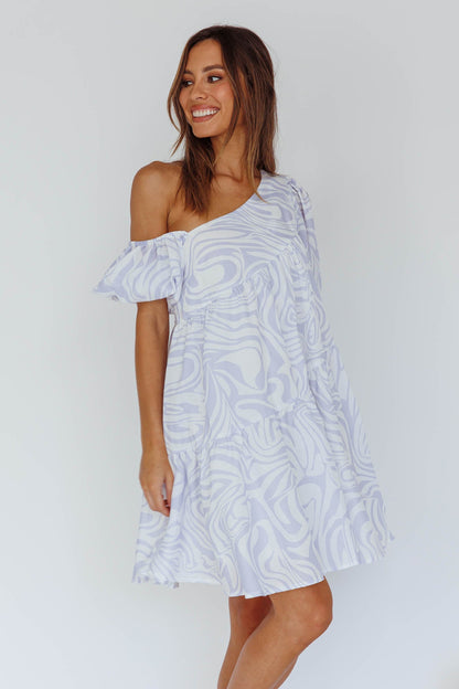 Villa Puff Sleeve One-Shoulder Dress Blue