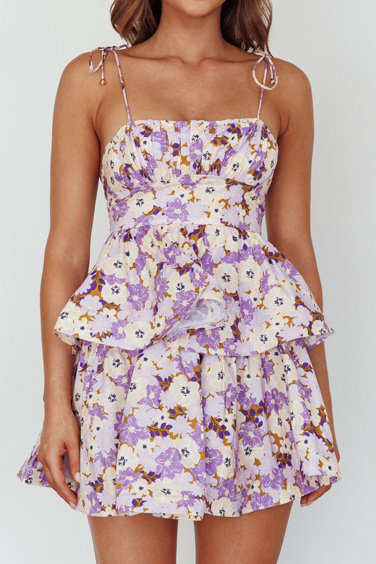 Dodi Tied Shoulder Layered Mini Dress Floral Purple