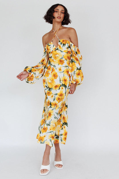 Nyree Long Sleeve Midi Dress Flowers Yellow