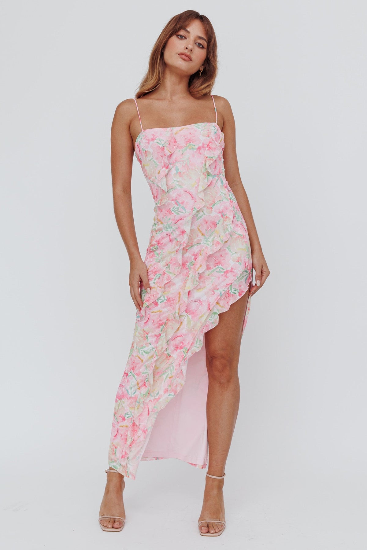 Catriona Split Ruffle Midi Dress Floral Yellow