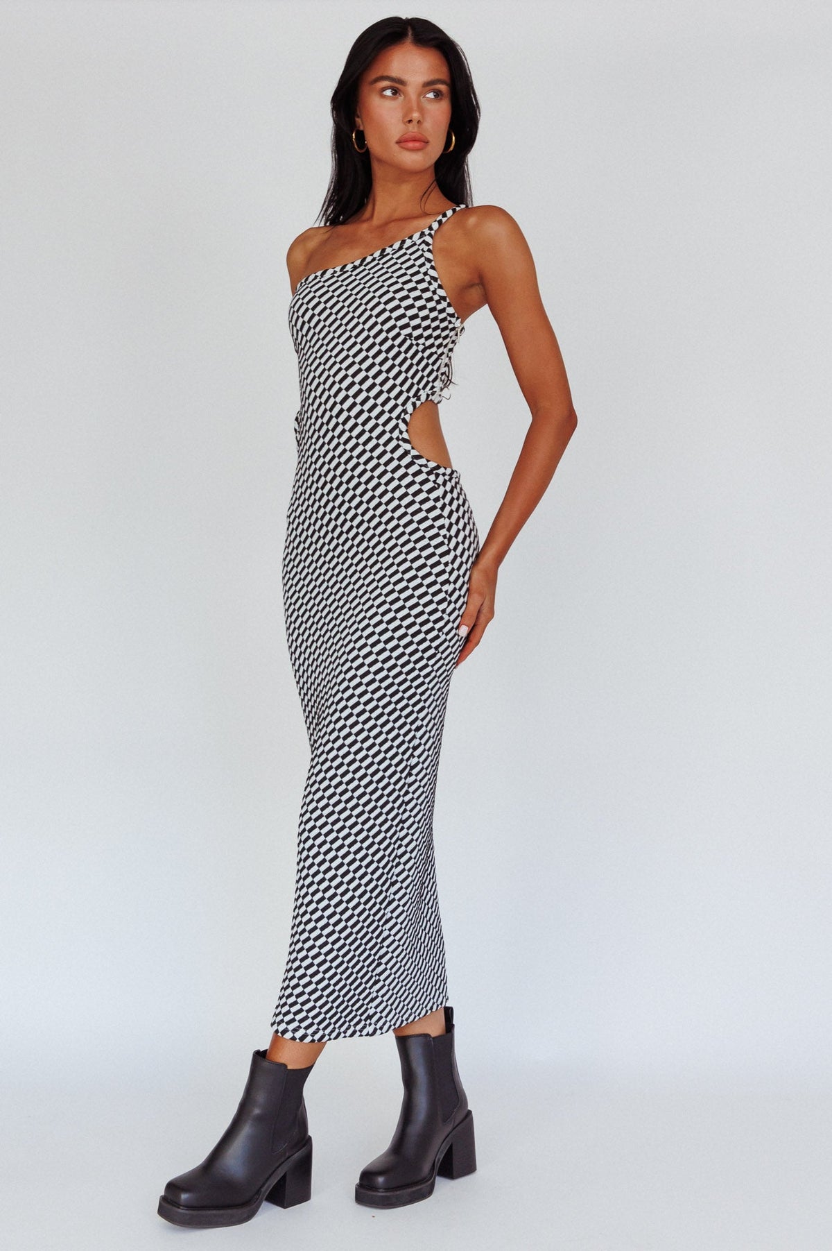 Cinzia One-Shoulder Cut-Out Midi Dress Black