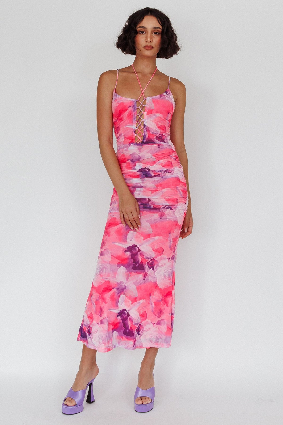 Gypsy Garden Laced Bodice Ruched Midi Dress Pink
