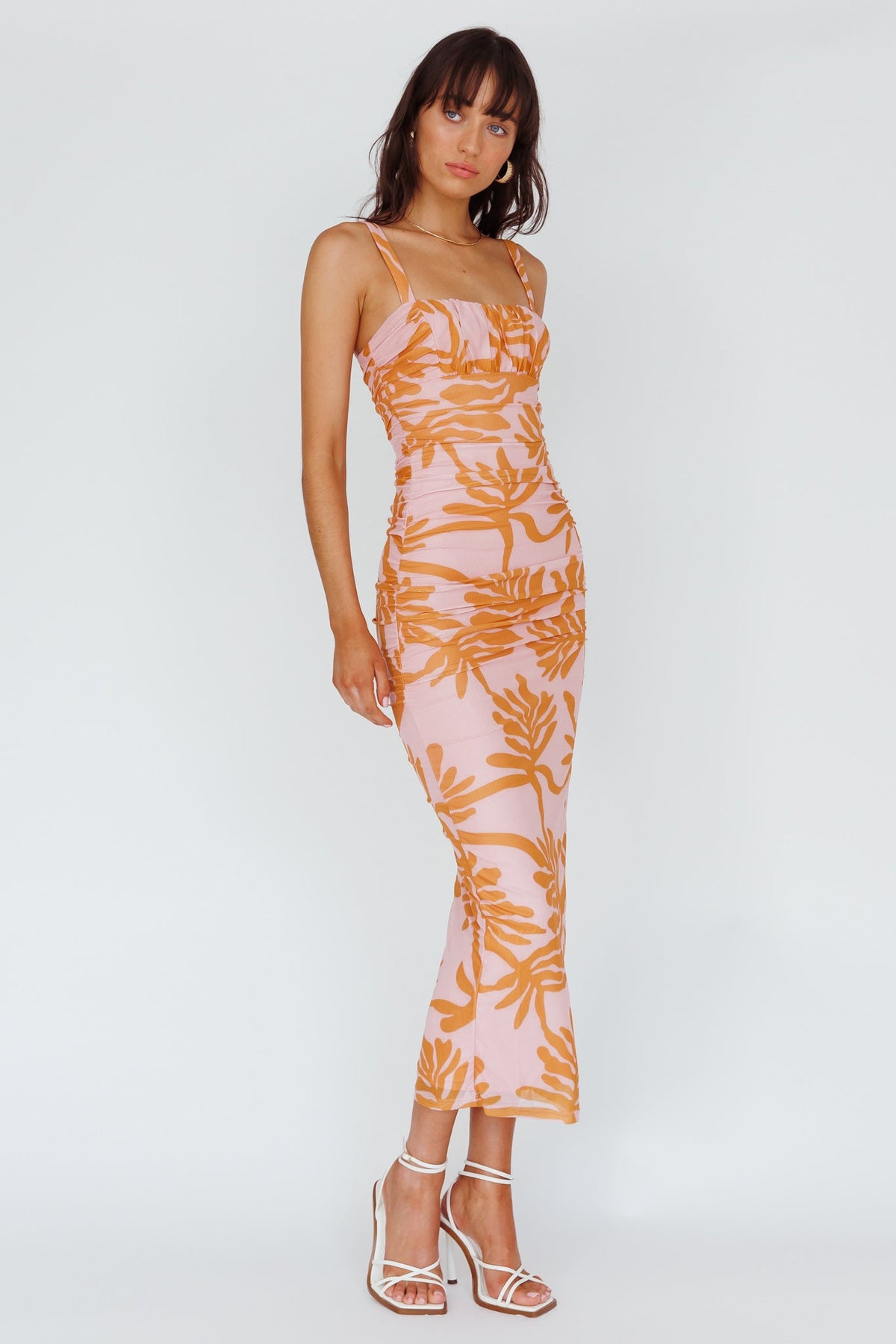 Hawaiian Sun Ruched Bust Midi Dress Print Pink