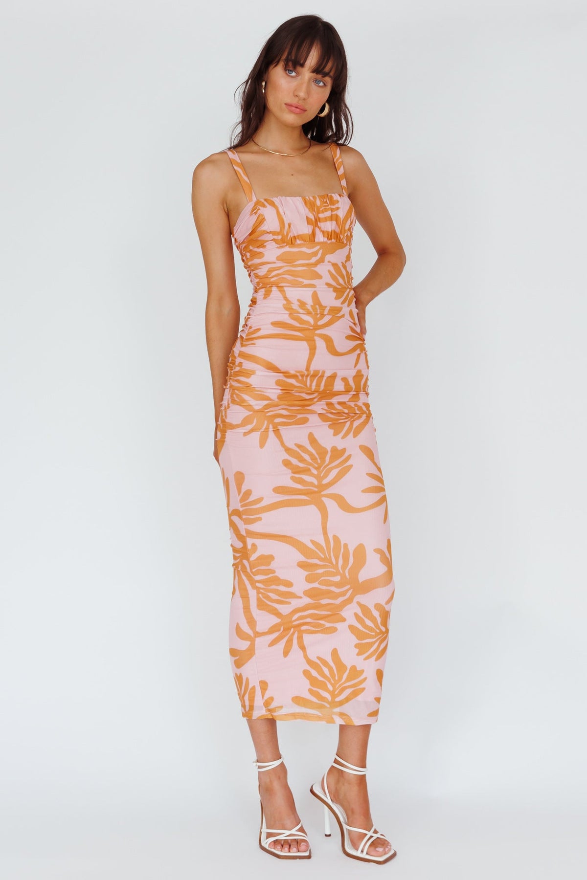 Hawaiian Sun Ruched Bust Midi Dress Print Pink