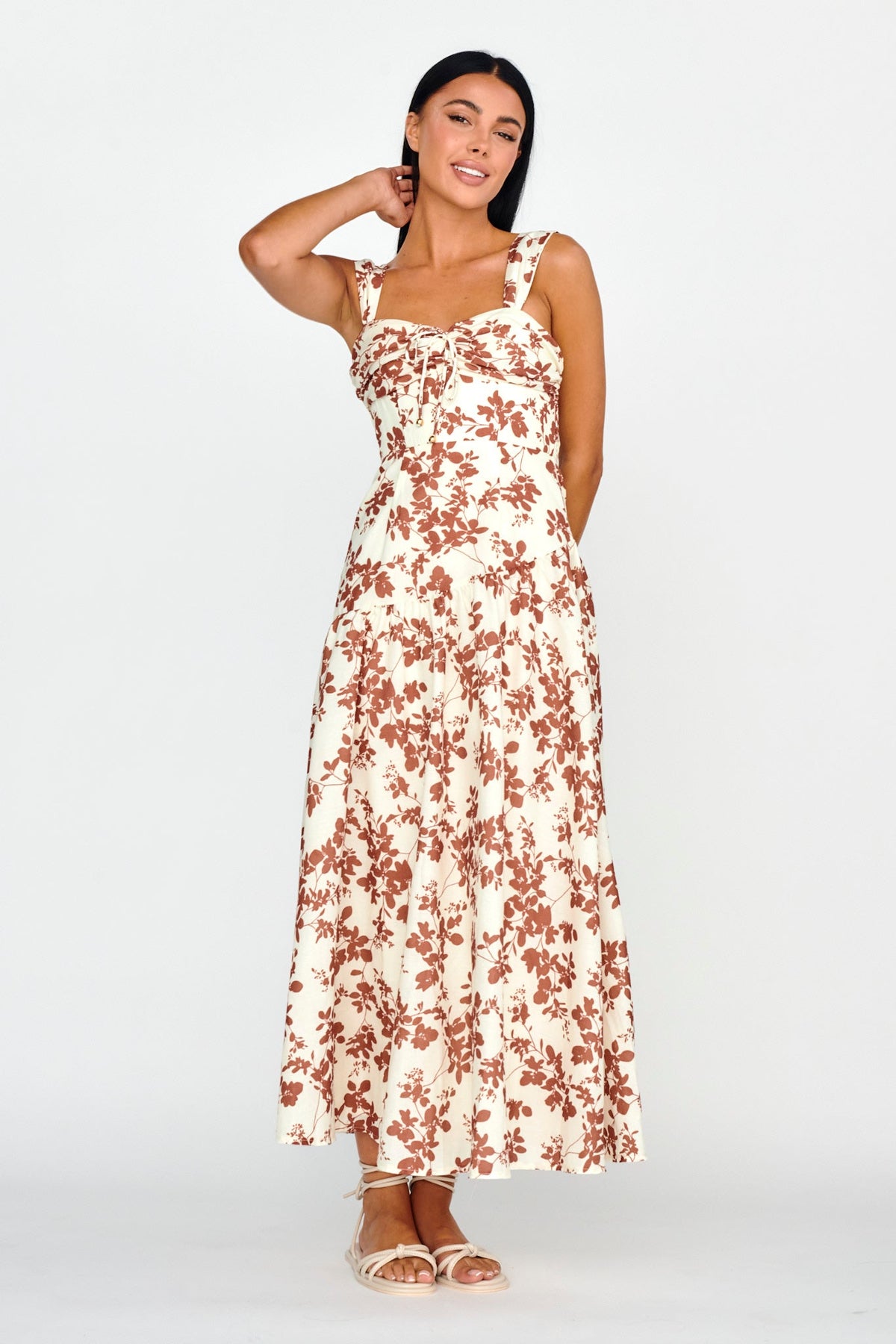 Nichola Ruched Bust Midi Dress Floral Brown