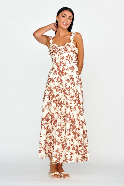 Nichola Ruched Bust Midi Dress Floral Brown
