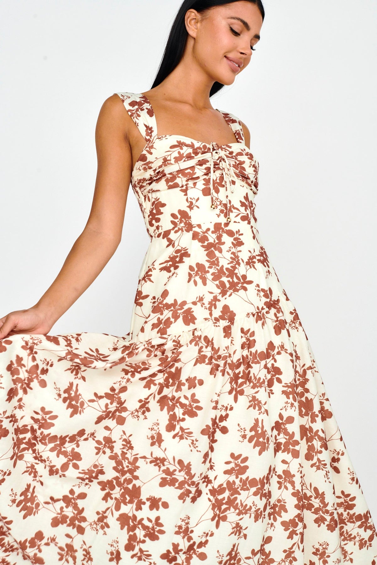 Nichola Ruched Bust Midi Dress Floral Brown