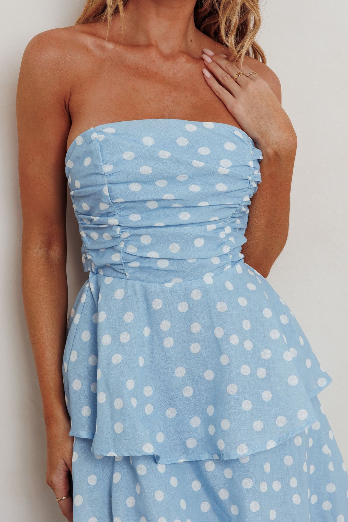 Lorcan Strapless Ruffle Dotted Midi Dress Blue