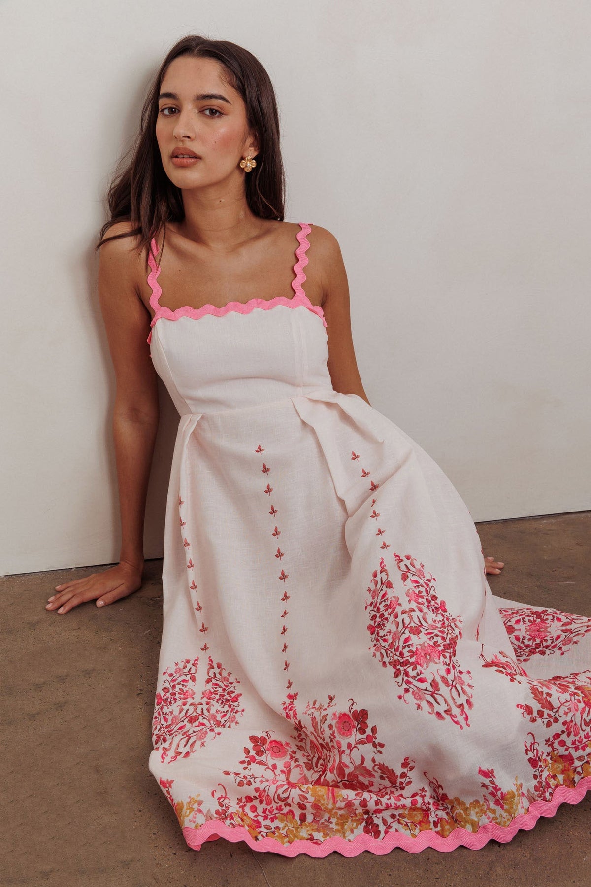 Asami Floral Print Ric Rac Trim Midi Dress Blush