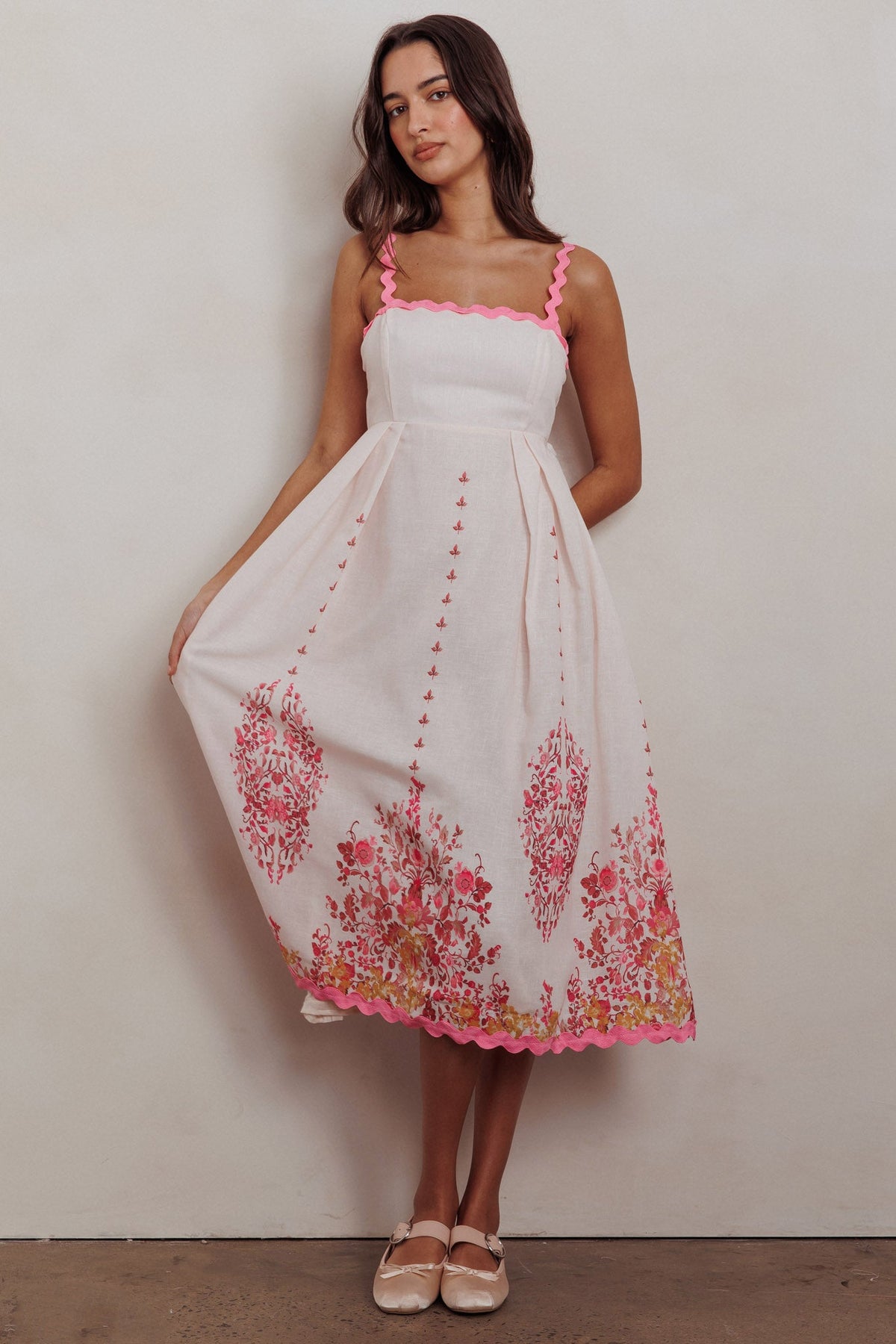 Asami Floral Print Ric Rac Trim Midi Dress Blush