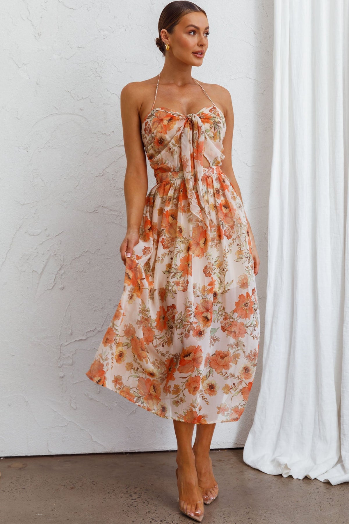 Los Feliz Tied Bust Halterneck Midi Dress Floral Beige