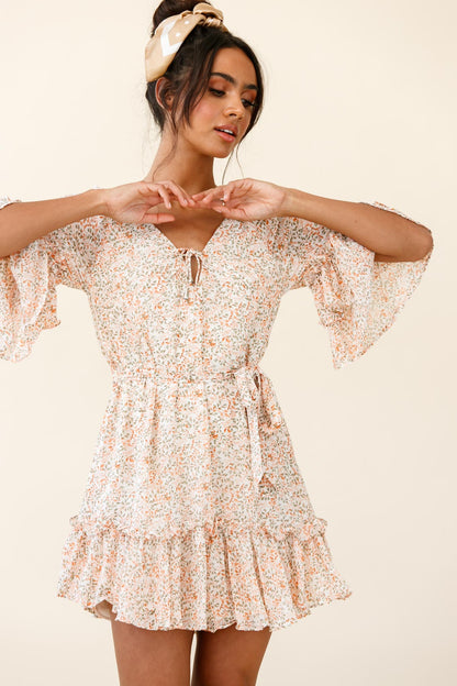 Forever Sunshine Flared Sleeve Waist Tie Dress Floral Print Nude
