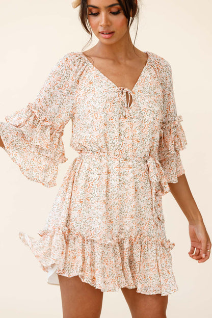 Forever Sunshine Flared Sleeve Waist Tie Dress Floral Print Nude