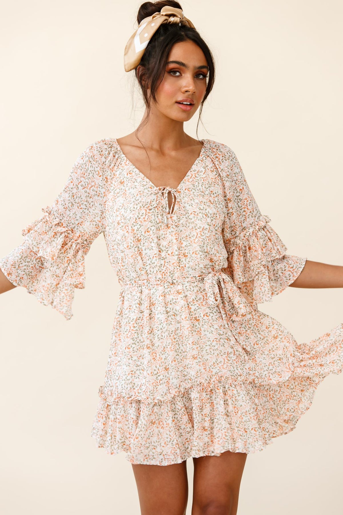 Forever Sunshine Flared Sleeve Waist Tie Dress Floral Print Nude