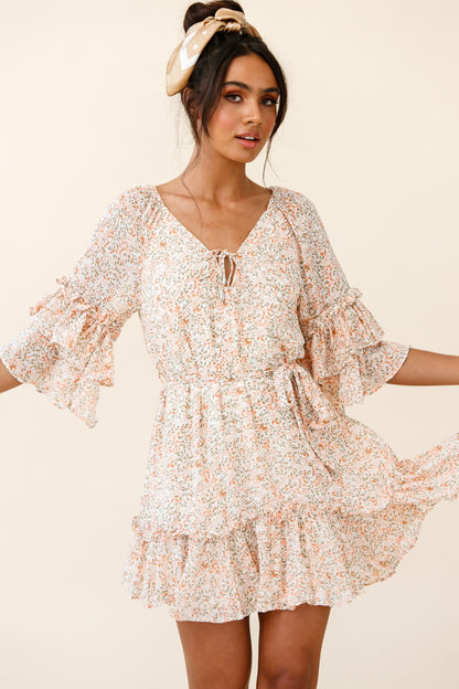 Forever Sunshine Flared Sleeve Waist Tie Dress Floral Print Nude