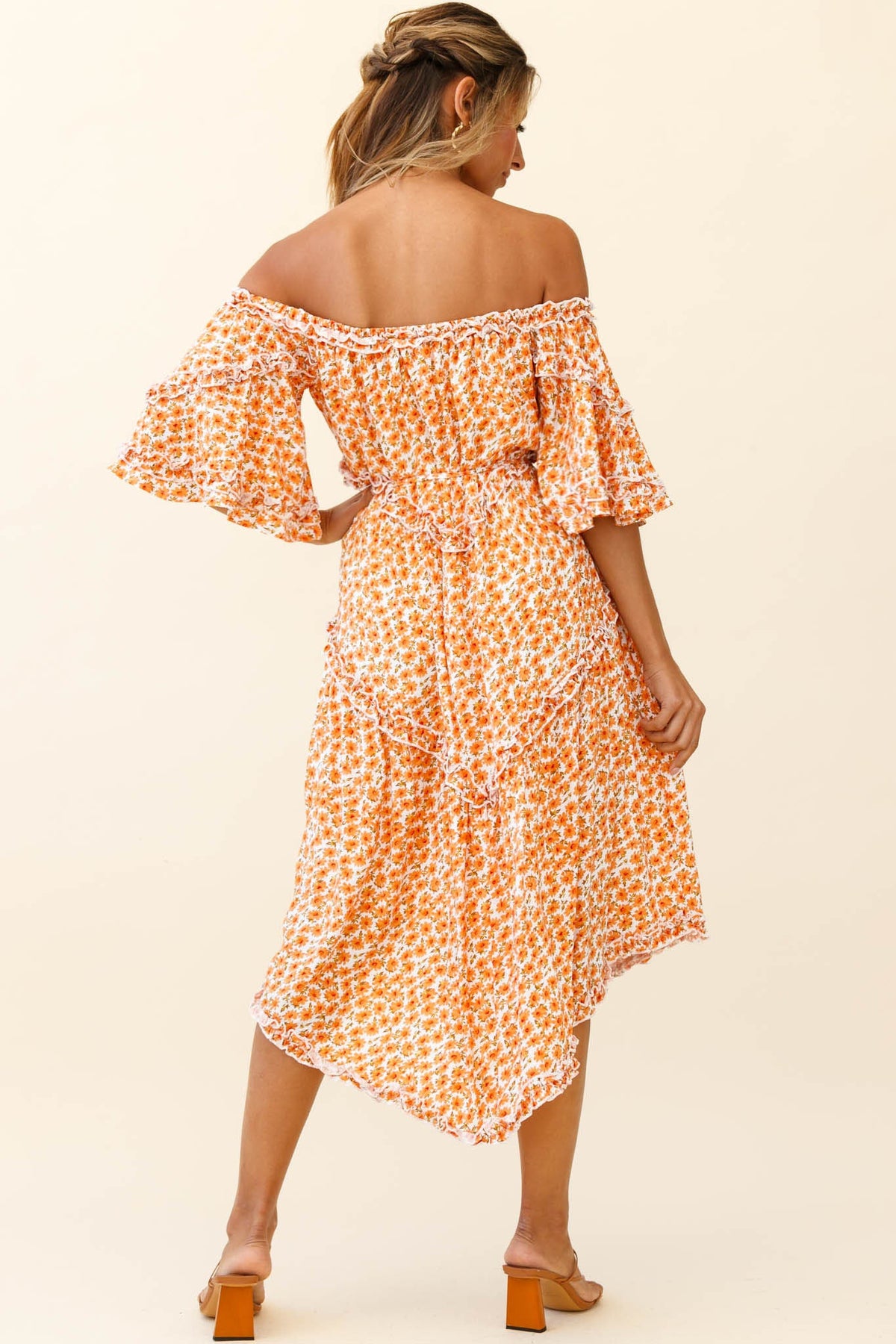 Renoir Off-Shoulder Frill Trim Dress Floral Print Orange