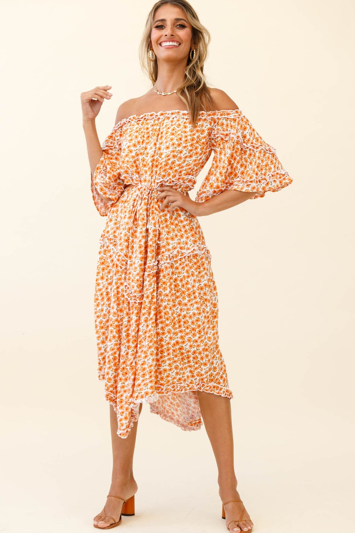 Renoir Off-Shoulder Frill Trim Dress Floral Print Orange