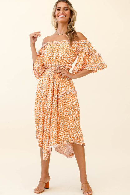 Renoir Off-Shoulder Frill Trim Dress Floral Print Orange