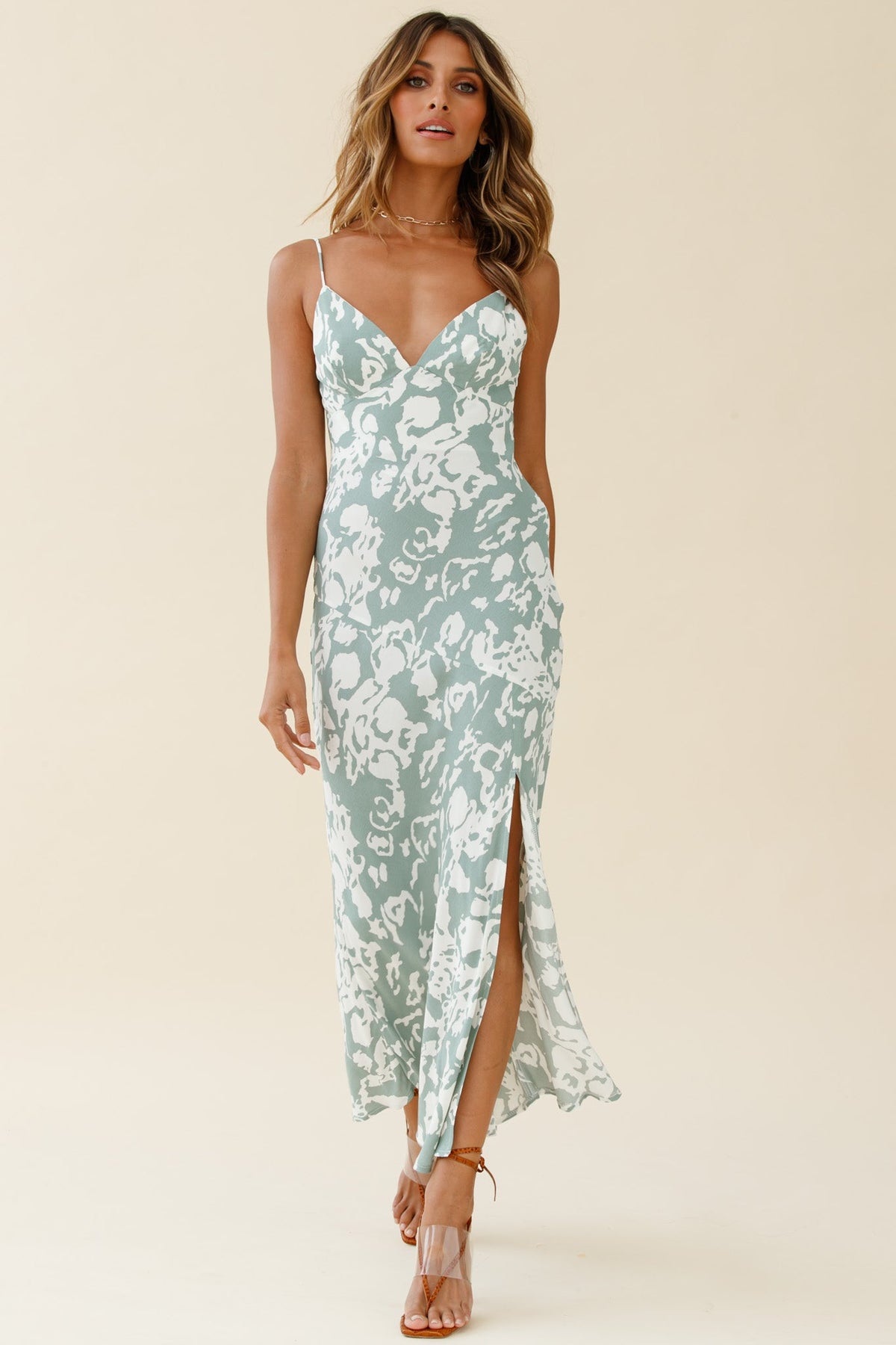 Downtown Cami Strap Front Split Midi Dress Stencil Print Sage